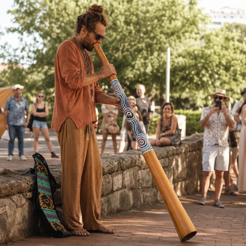 Didgeridoo aus Teakholz handbemalt mit Tragetasche