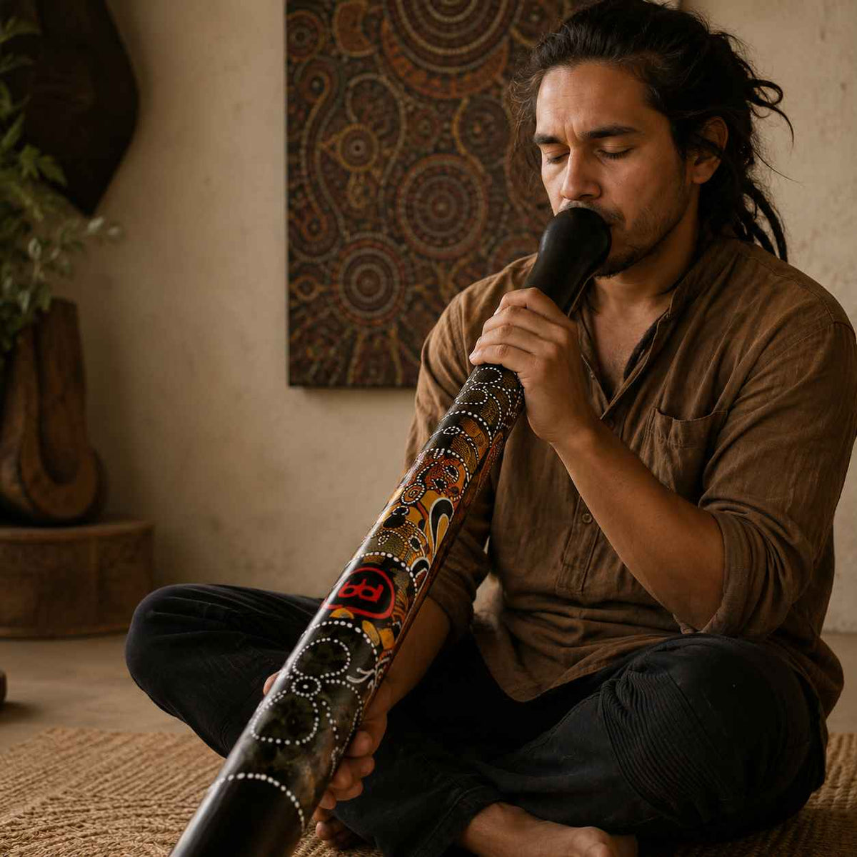 Didgeridoo Schwarz mit Aboriginal-Motiven - tiefer Klang