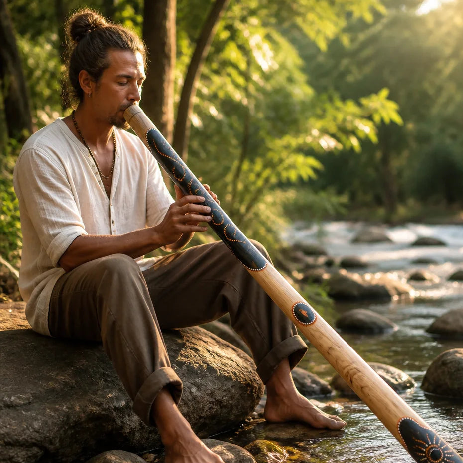 Didgeridoo aus Teakholz handbemalt mit Punktdesign
