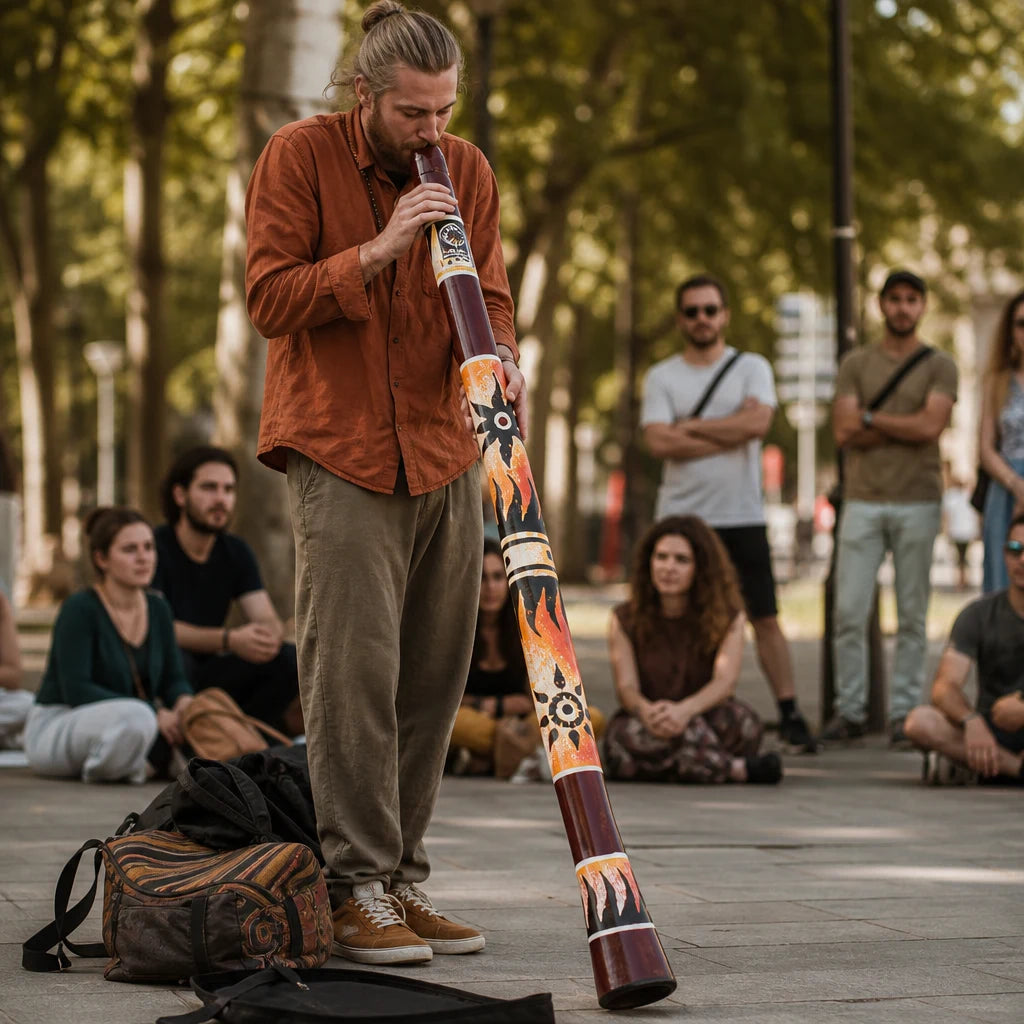 Didgeridoo aus Kunststoff gebogen im Tribal Sun Design